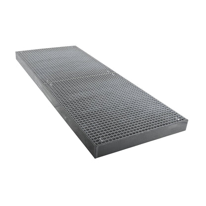 Zinc plated low profile steel sump trays, width 1000 mm, length 2500 mm, capacity 210 l.