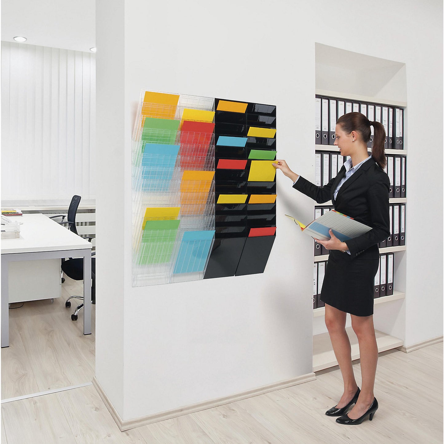 Wall mounted brochure racks, portrait format, 12 x A4, pack of 2, black.