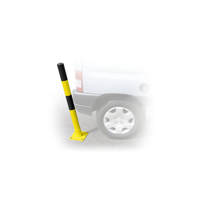 Barrier post made of steel tubing, flexible, Ø 76 mm, to bolt in place, black / yellow.