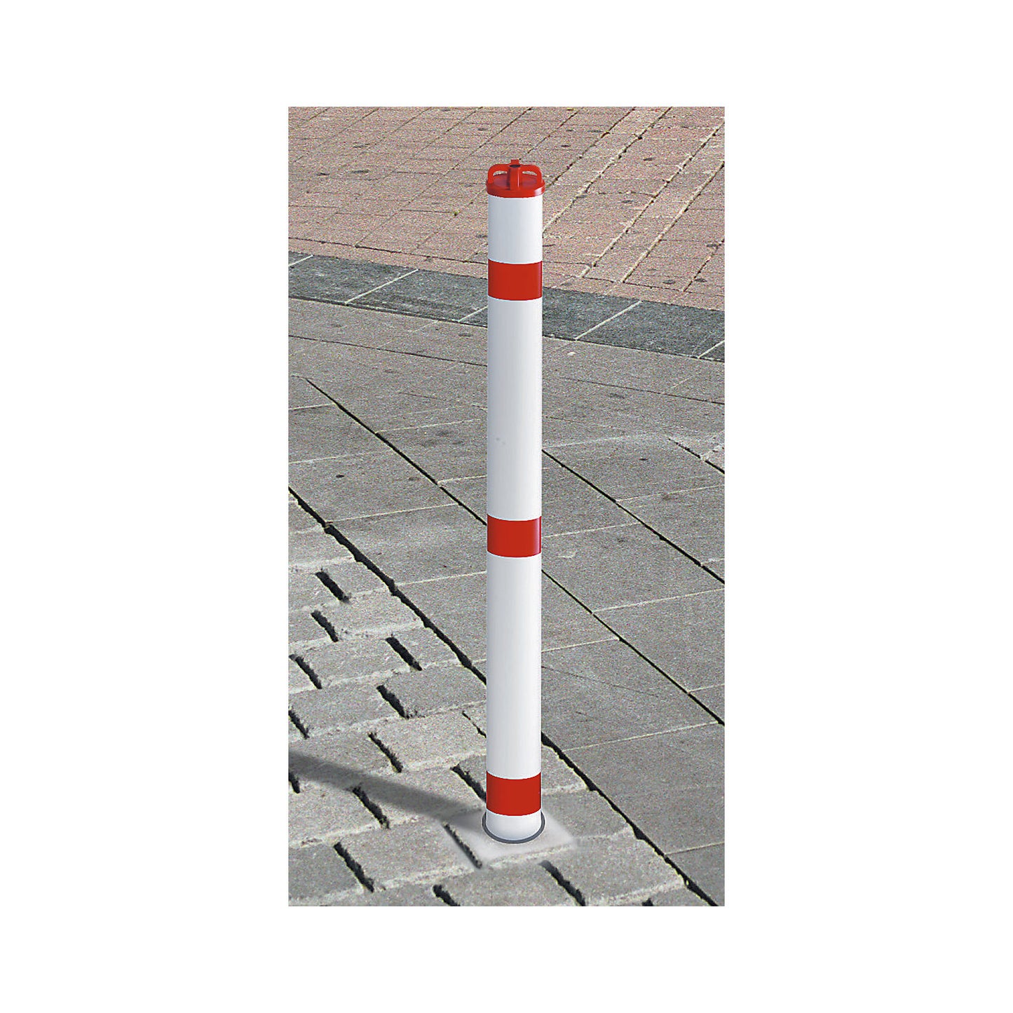 Barrier posts, plastic, with base sleeve, removable, with chain head.
