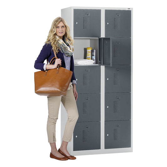 Amsterdam 5-fold compartment locker, 2 compartments, light grey / basalt grey, W 800 mm, 10 compartments, cylinder lock.