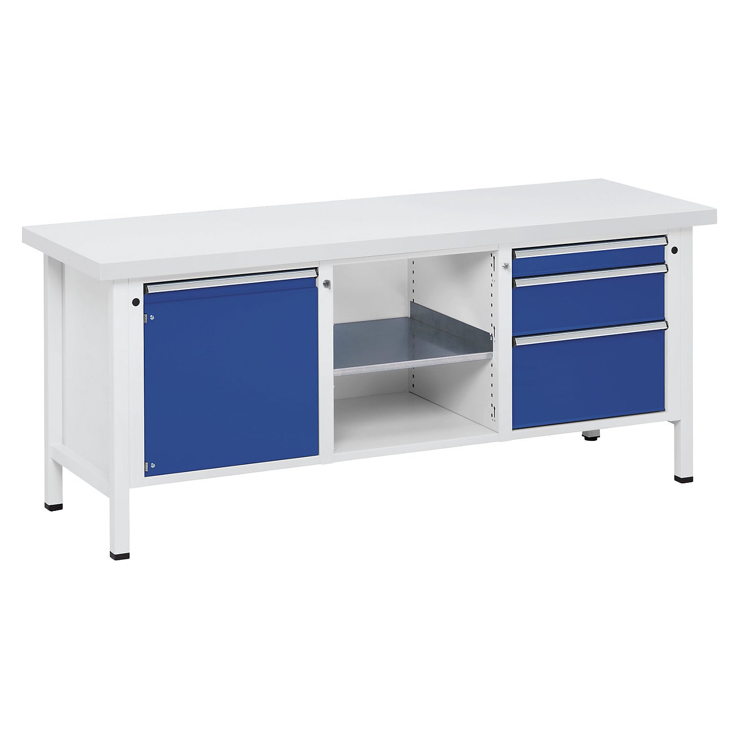 Workbench, Series V frame construction, 1 door 540 mm, 3 drawers, universal worktop, full extension.