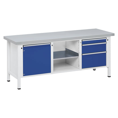 Workbench, Series V frame construction, 1 door 540 mm, 3 drawers, sheet steel covering, full extension.