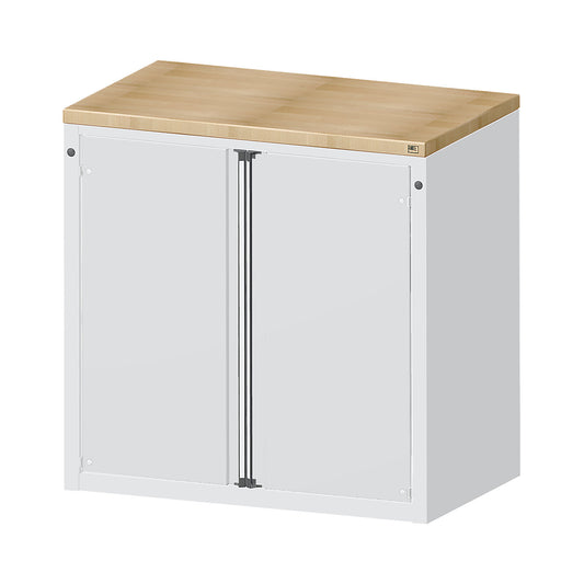 Cabinet for material and tool dispensing counter, 2 doors, 2 shelves, grey.