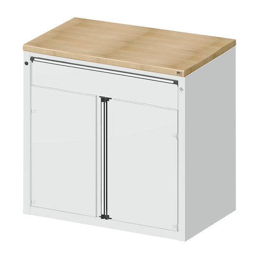 Cabinet for material and tool dispensing counter, 1 drawer, 2 doors, 1 shelf, grey.