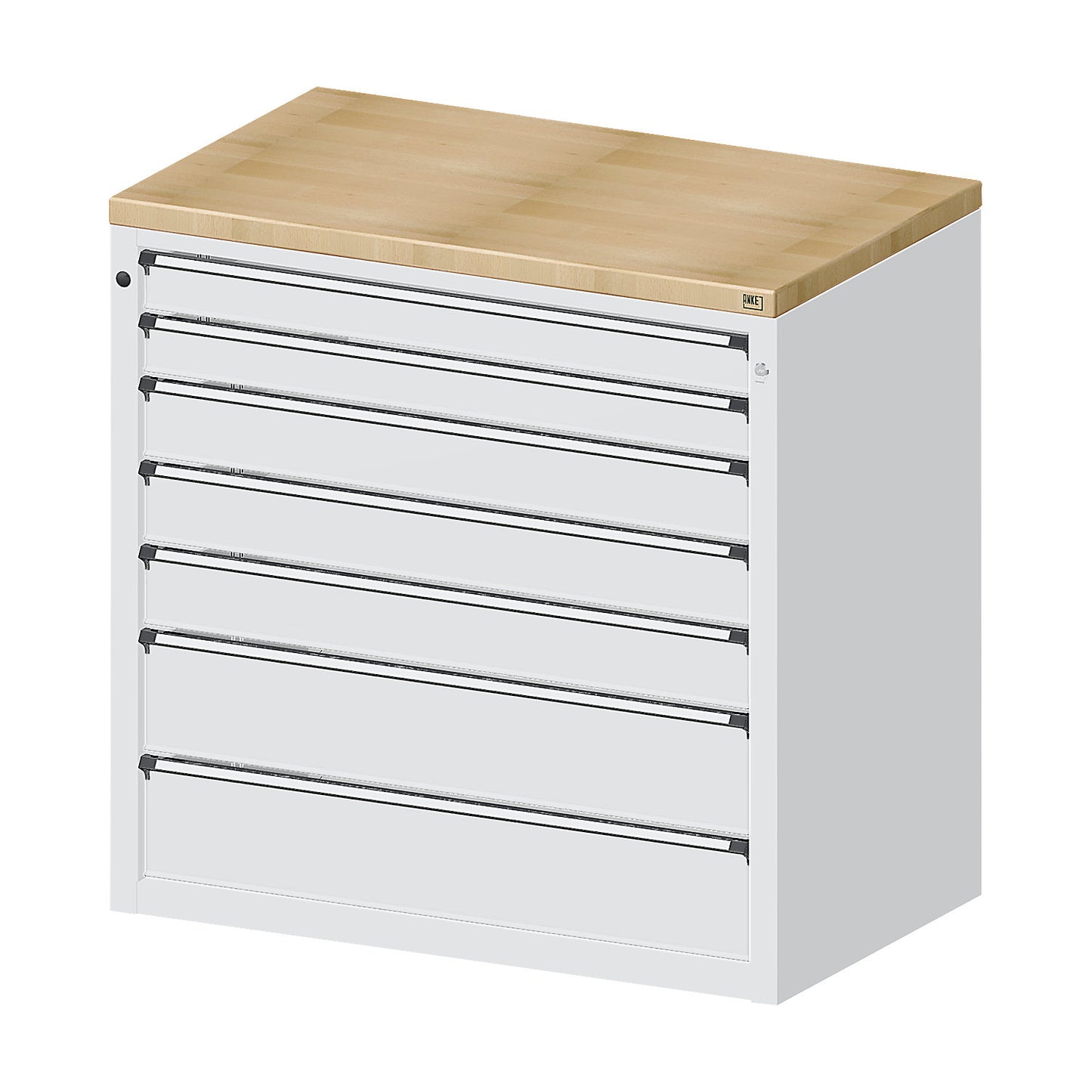 Cabinet for material and tool dispensing counter, 2 x 90 mm drawers, 3 x 120 mm drawers, 2 x 180 mm drawers, grey.
