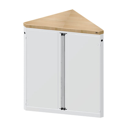 Cabinet for material and tool dispensing counter, 2 doors, 2 shelves, triangular, grey.