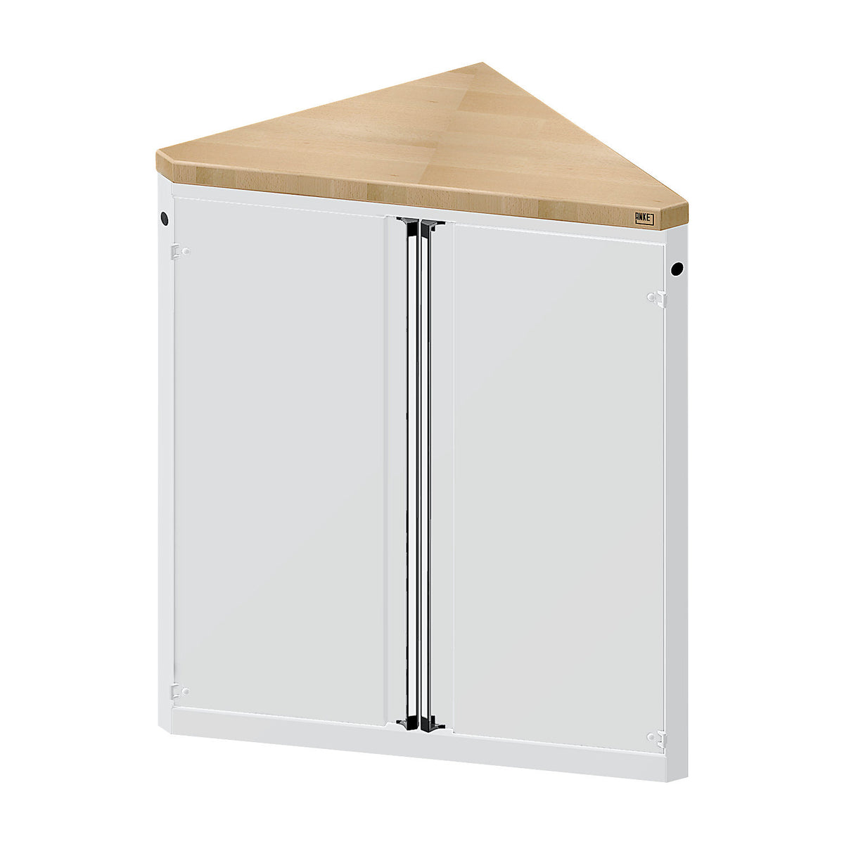 Cabinet for material and tool dispensing counter, 2 doors, 2 shelves, triangular, grey.