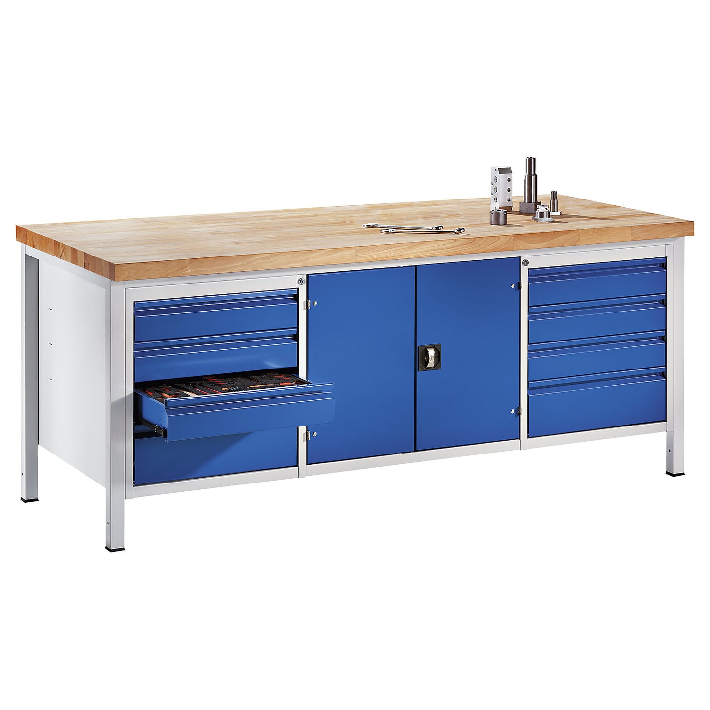 Workbench, frame construction, 8 L size drawers, 1 tool cupboard, depth 900 mm, width 2000 mm.