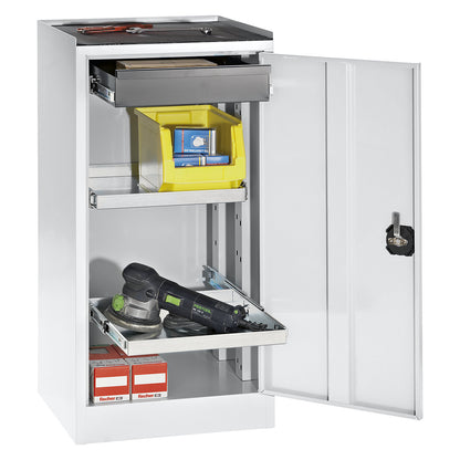 Tool and side cupboard, 1 drawer, 2 shelves, light grey door.