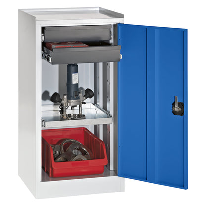 Tool and side cupboard, 2 drawers, 1 shelf, gentian blue door.