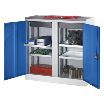 Tool and side cupboard, 2 drawers, 4 shelves, 1 centre partition, gentian blue doors.