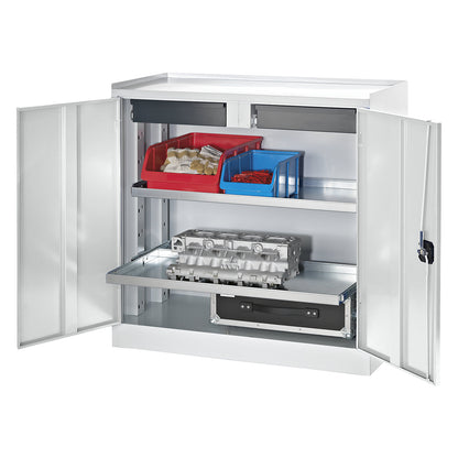 Tool and side cupboard, 2 drawers, 2 full length shelves, light grey doors.