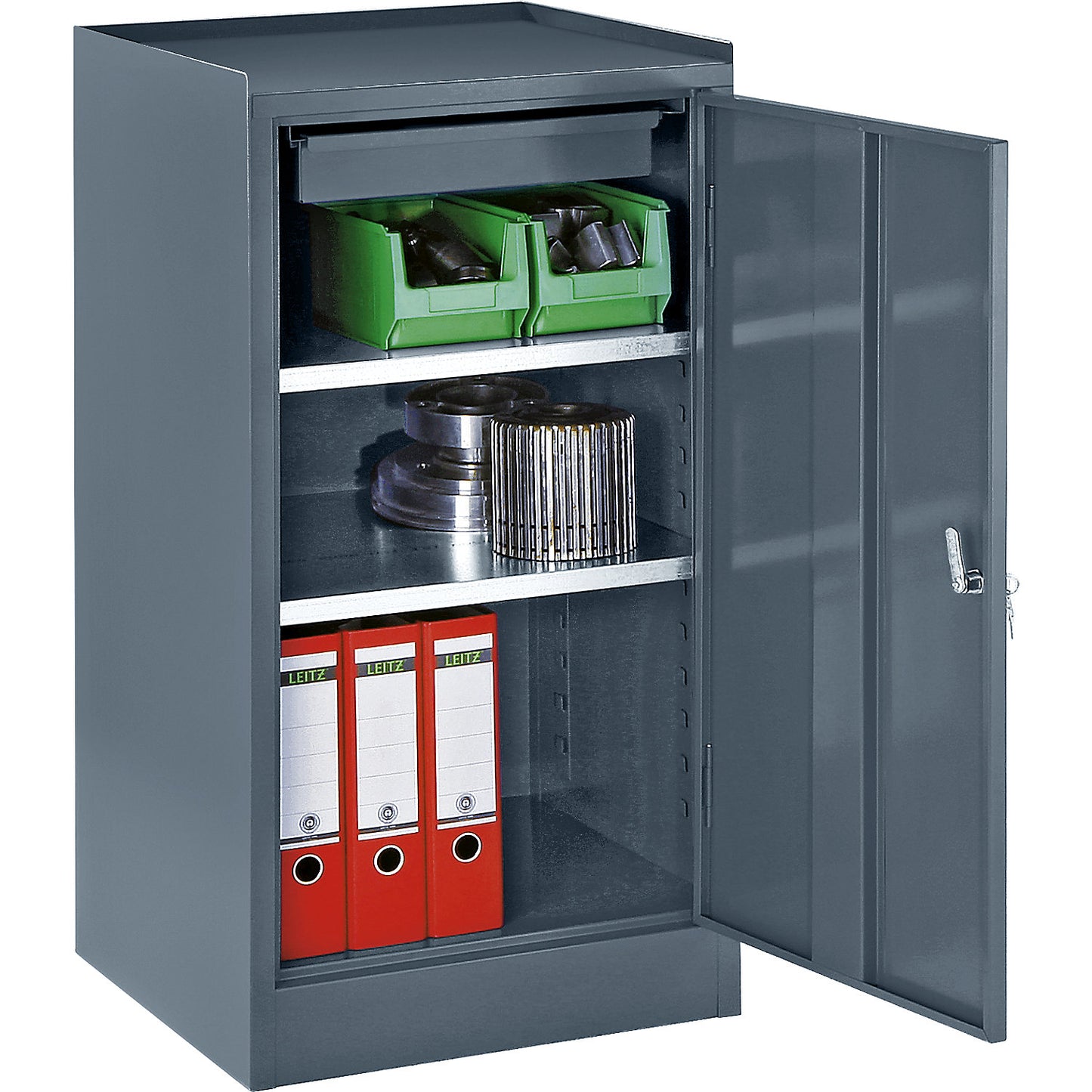 Tool cupboard, with 1 drawer, 2 shelves, height adjustment grid 25 mm, blue grey RAL 7031.