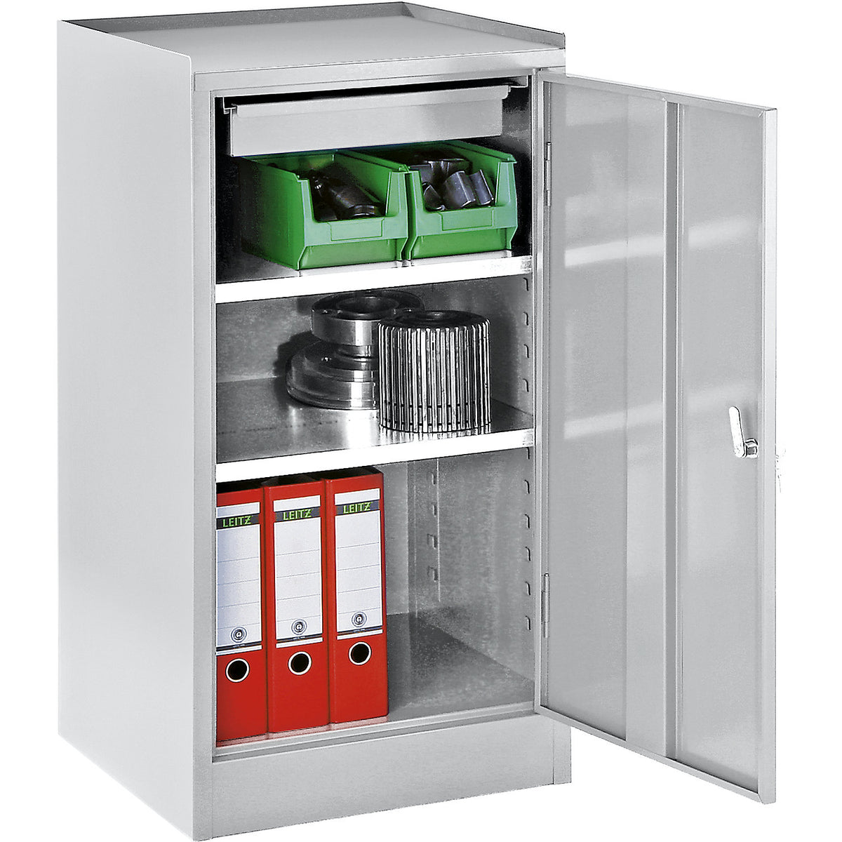 Tool cupboard, with 1 drawer, 2 shelves, height adjustment grid 25 mm, light grey RAL 7035.