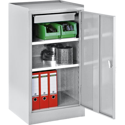 Tool cupboard, with 1 drawer, 2 shelves, height adjustment grid 25 mm, light grey RAL 7035.