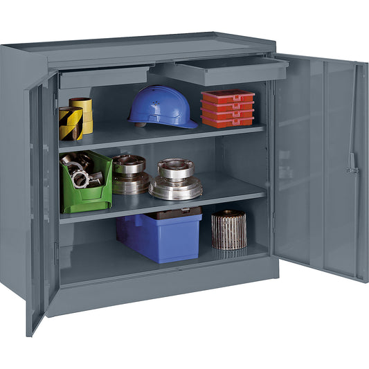 Tool cupboard, with 2 drawers, 2 full length shelves, blue grey RAL 7031.