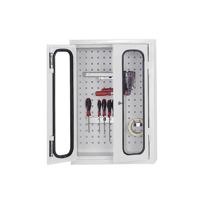 Wall mounted tool cupboard with window, with perforated rear wall, HxWxD 750 x 500 x 200 mm, light grey.