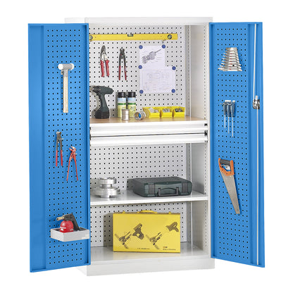 Empty tool cupboard housings, inside of doors and rear wall with perforations, blue doors.