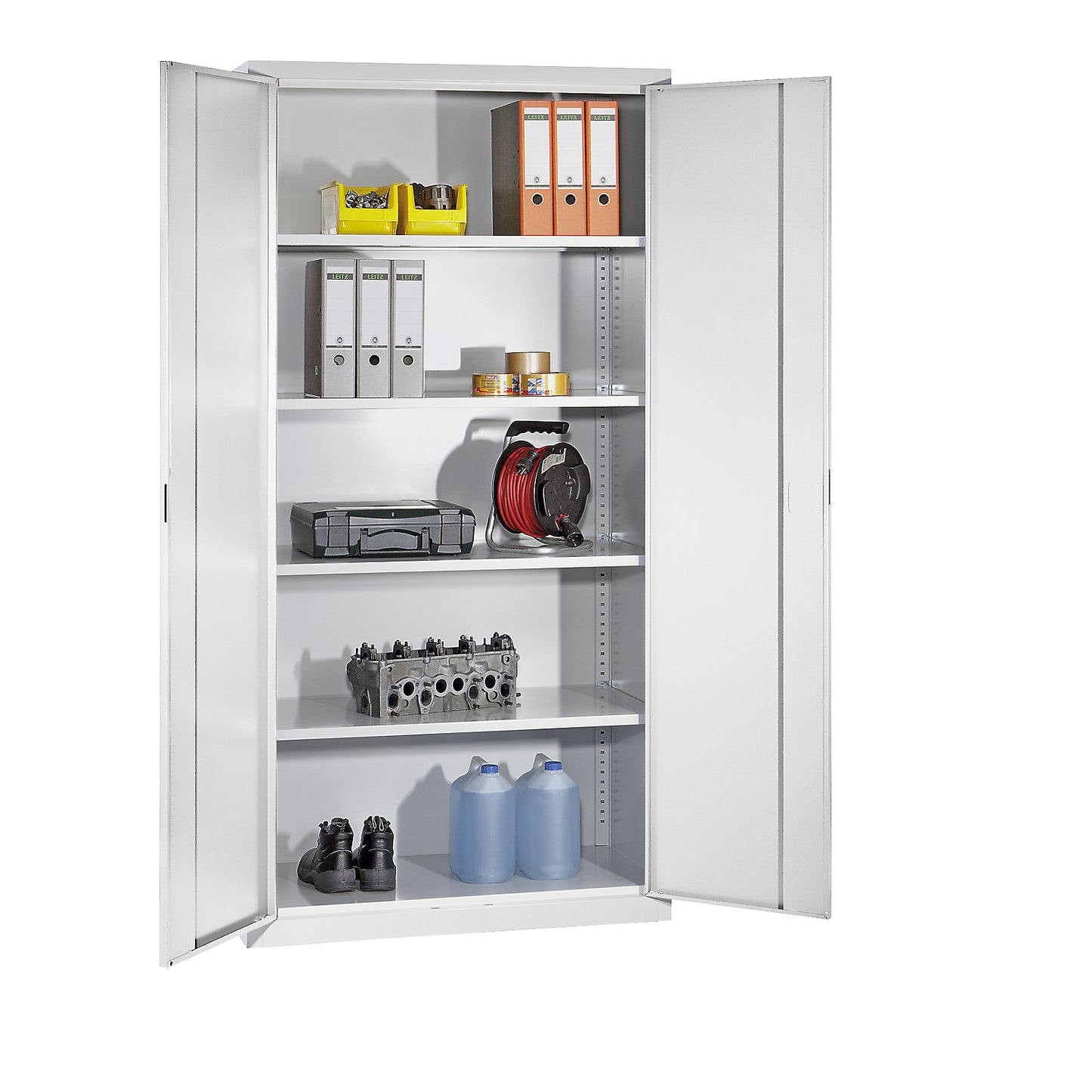 Double door cupboard, 4 shelves, width 1000 mm, light grey.