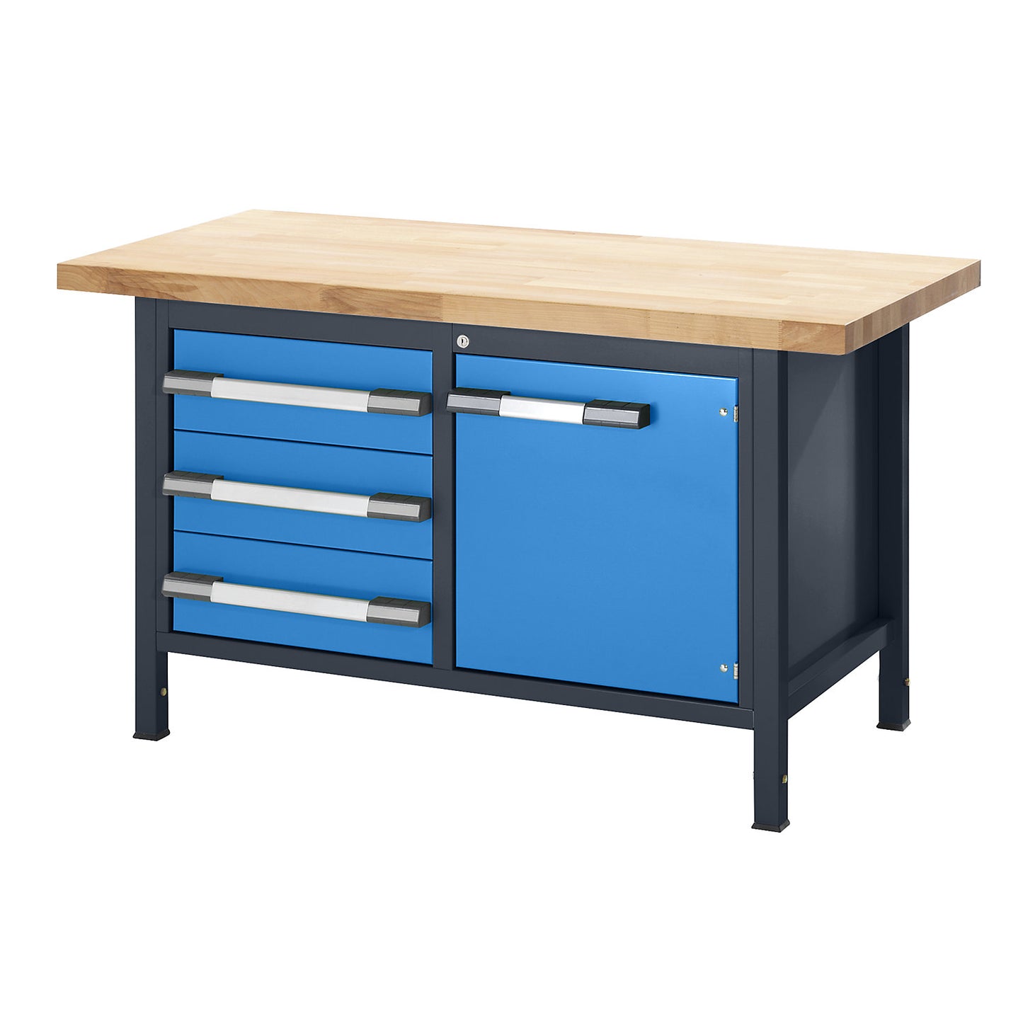 Height-adjustable workbench, frame construction, 3 drawers, 1 hinged door, width 1500 mm, charcoal / blue.
