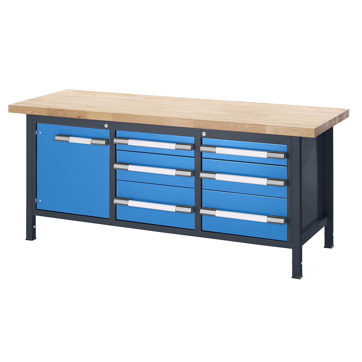 Height-adjustable workbench, frame construction, 6 drawers, 1 hinged door, width 2000 mm, charcoal / blue.