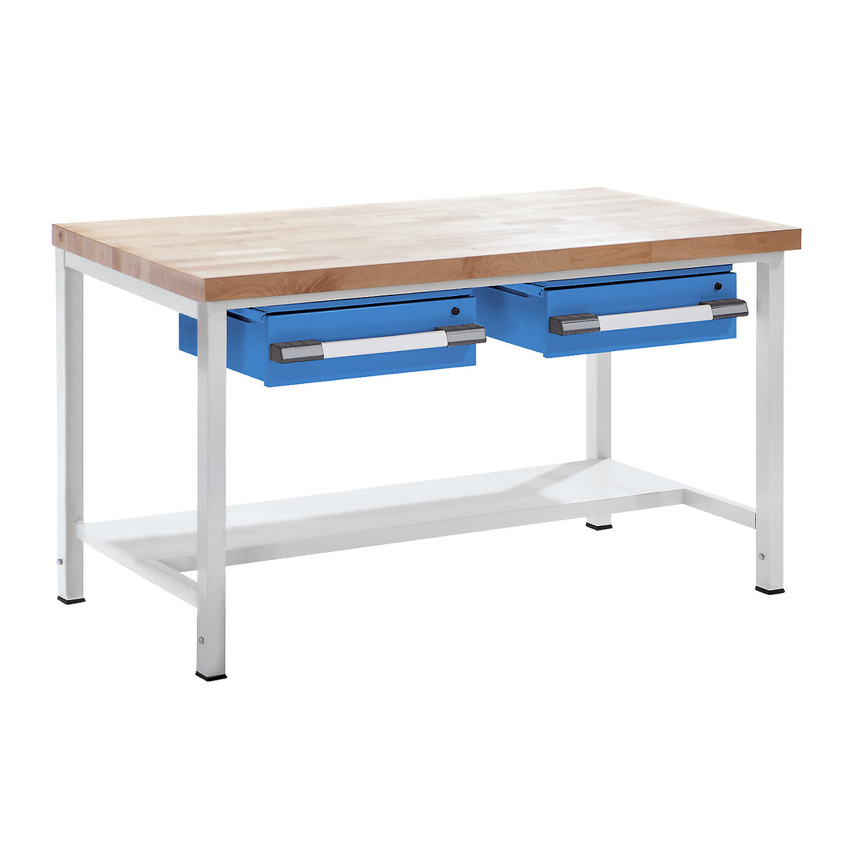 Height-adjustable workbench, frame construction, with drawers, width 1500 mm, grey / blue.