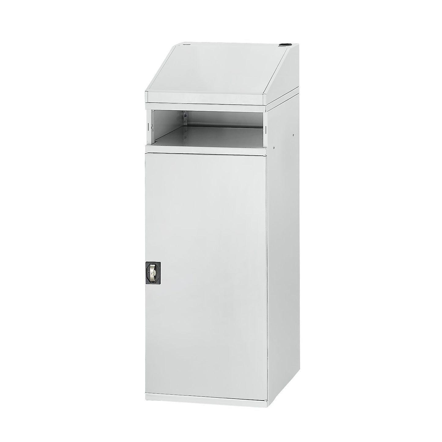 Industrial pedestal desk, with open compartment above the cupboard, width 450 mm, light grey.