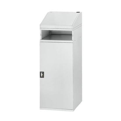 Industrial pedestal desk, with open compartment above the cupboard, width 450 mm, light grey.