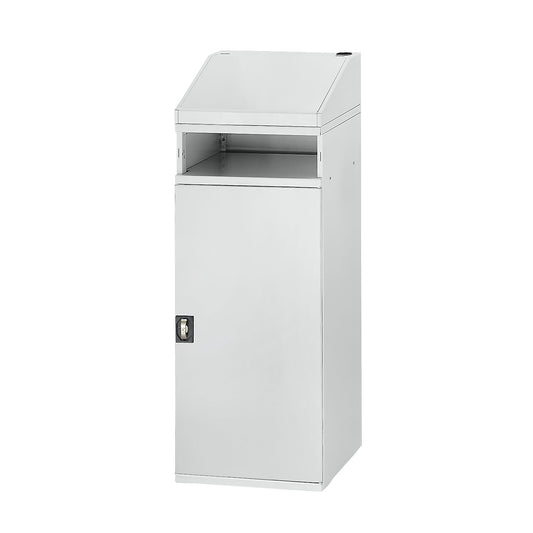 Industrial pedestal desk, with open compartment above the cupboard, width 450 mm, light grey.