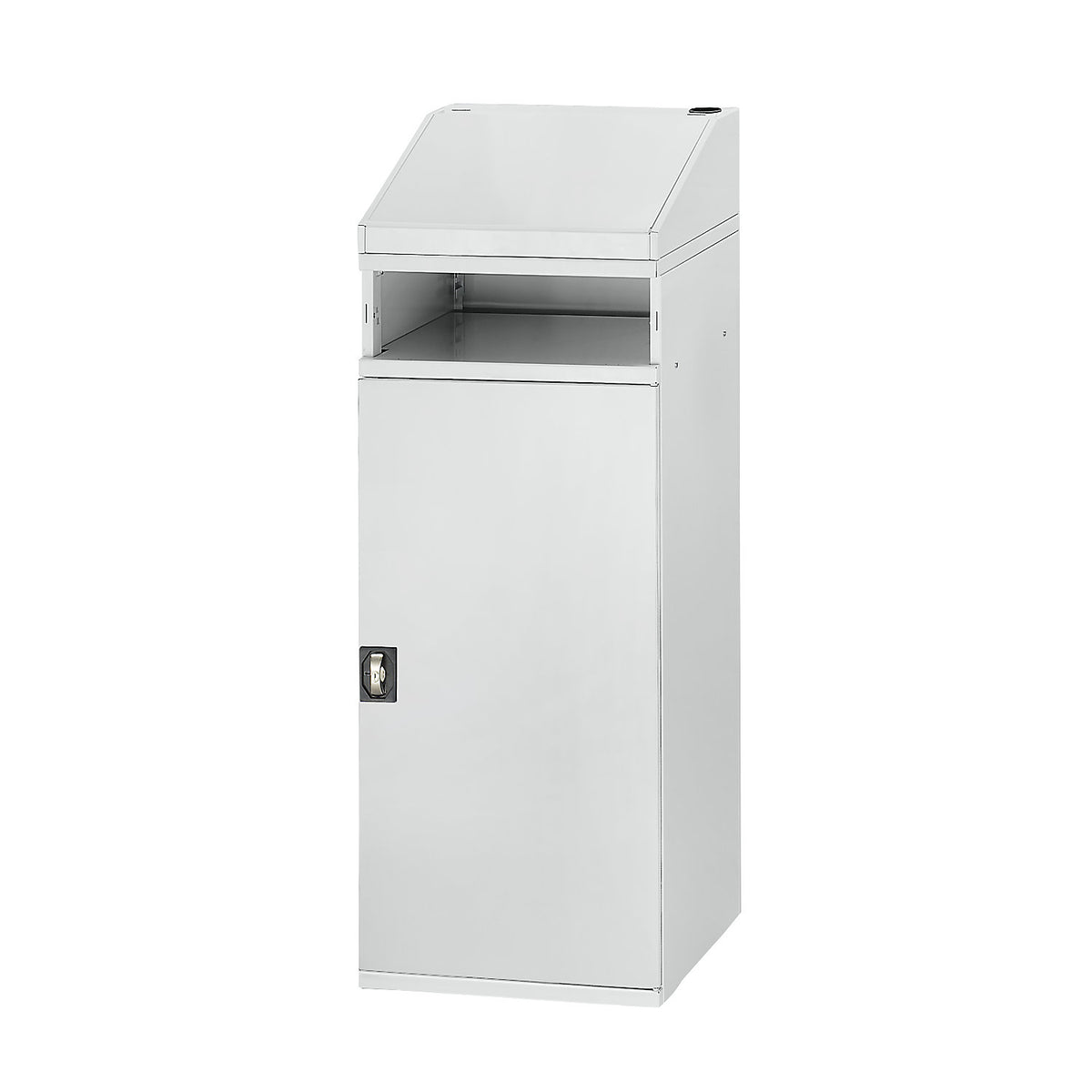 Industrial pedestal desk, with open compartment above the cupboard, width 450 mm, light grey.