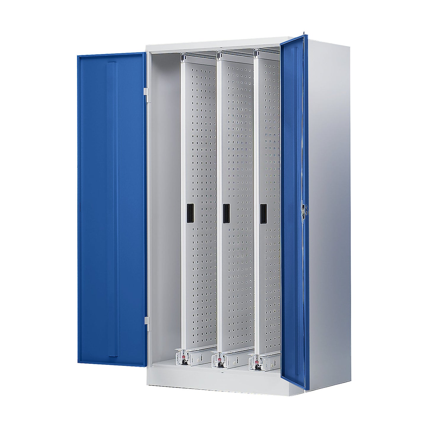 Vertical pull-out cupboard, with 3 drawers, light grey / gentian blue.
