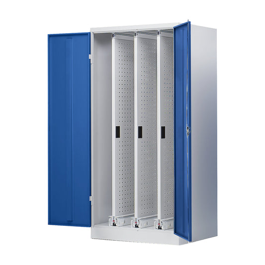 Vertical pull-out cupboard, with 3 drawers, light grey / gentian blue.