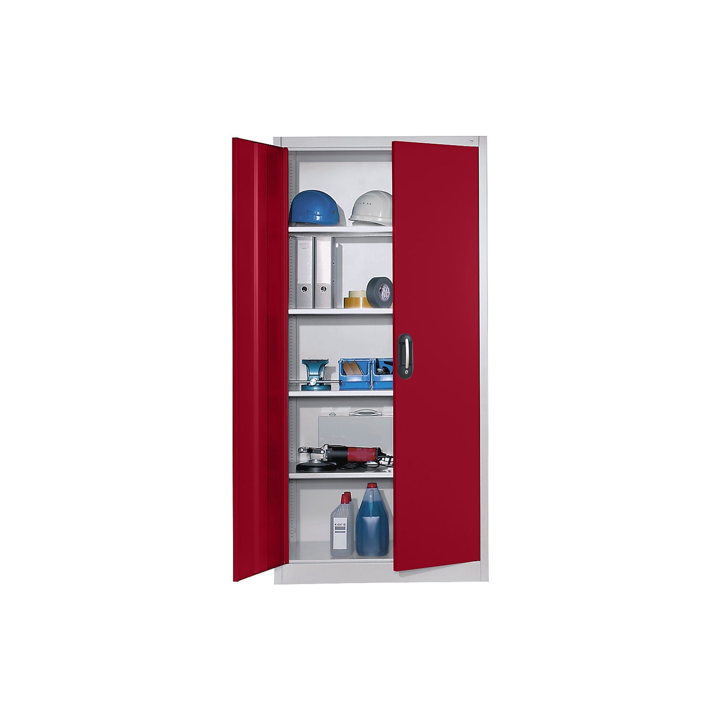 Workshop double door cupboard, HxWxD 1950 x 930 x 600 mm, light grey / ruby red.