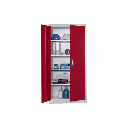 Workshop double door cupboard, HxWxD 1950 x 930 x 600 mm, light grey / ruby red.