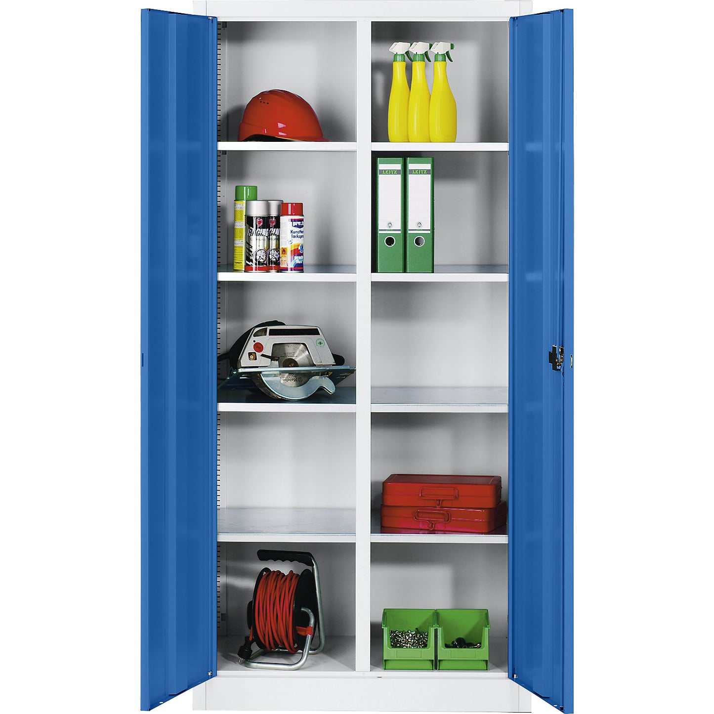 Storage cupboard made of sheet steel, 8 shelves, HxWxD 1950 x 930 x 500 mm, gentian blue doors, light grey body.
