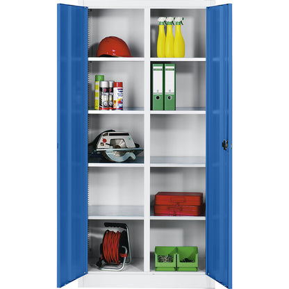 Storage cupboard made of sheet steel, 8 shelves, HxWxD 1950 x 930 x 500 mm, gentian blue doors, light grey body.