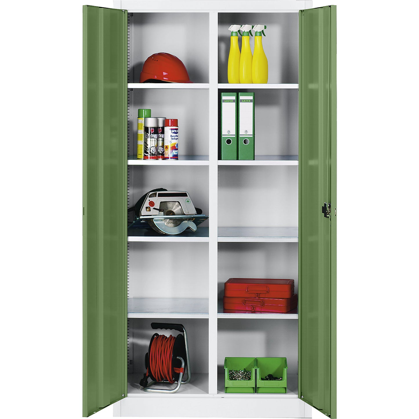 Storage cupboard made of sheet steel, 8 shelves, HxWxD 1950 x 930 x 500 mm, reseda green doors, light grey body.