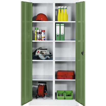 Storage cupboard made of sheet steel, 8 shelves, HxWxD 1950 x 930 x 500 mm, reseda green doors, light grey body.