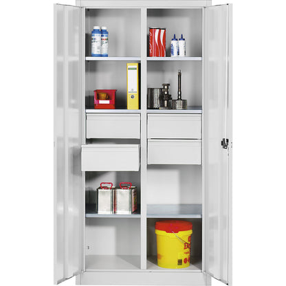 Storage cupboard made of sheet steel, 6 shelves, 4 drawers, HxWxD 1950 x 1200 x 500 mm, light grey.