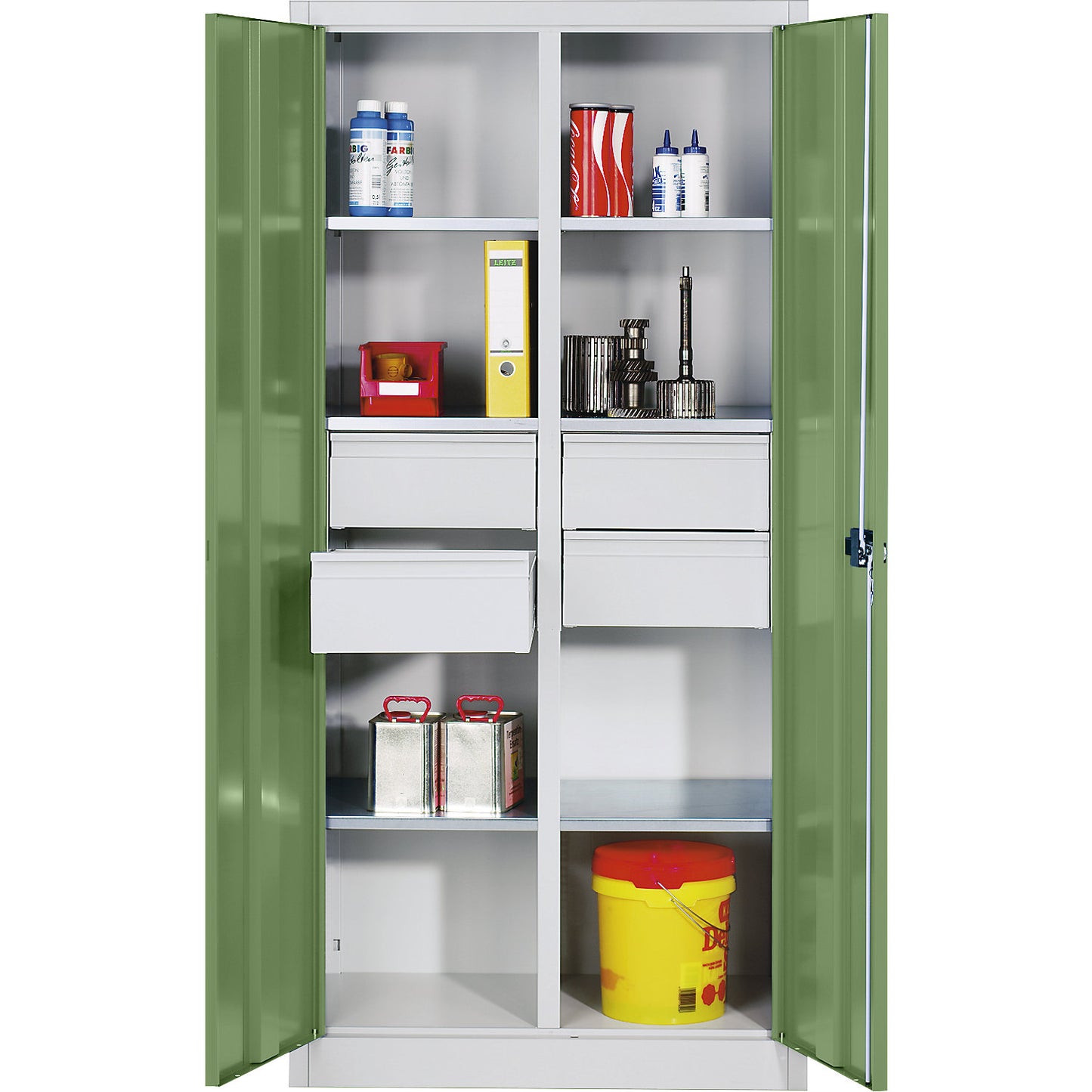 Storage cupboard made of sheet steel, 6 shelves, 4 drawers, HxWxD 1950 x 1200 x 500 mm, reseda green doors, light grey body.