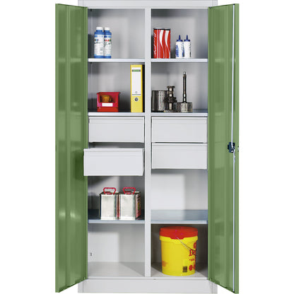 Storage cupboard made of sheet steel, 6 shelves, 4 drawers, HxWxD 1950 x 1200 x 500 mm, reseda green doors, light grey body.