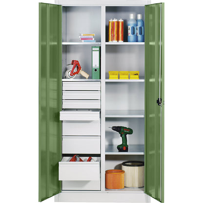 Storage cupboard made of sheet steel, 6 shelves, 8 drawers, HxWxD 1950 x 930 x 500 mm, reseda green doors, light grey body.
