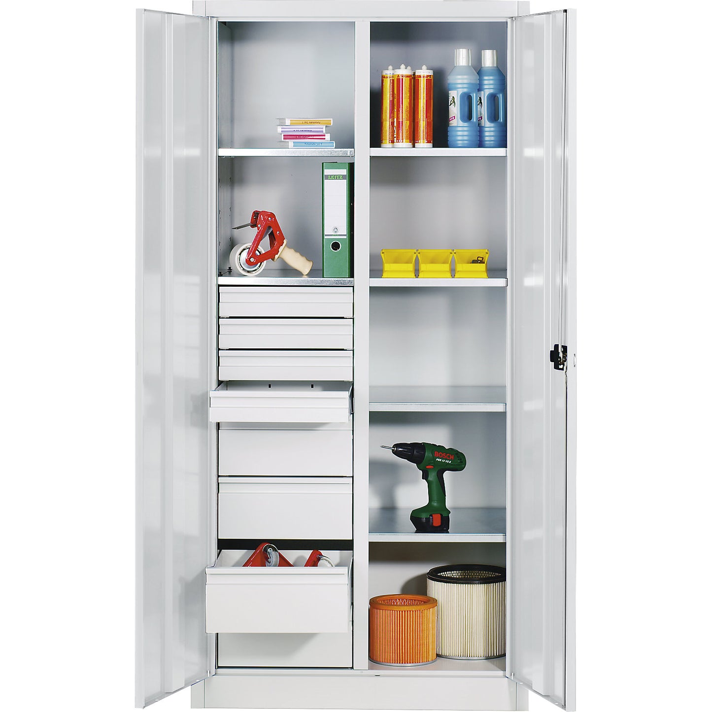 Storage cupboard made of sheet steel, 6 shelves, 8 drawers, HxWxD 1950 x 1200 x 500 mm, light grey.