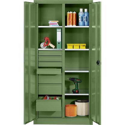Storage cupboard made of sheet steel, 6 shelves, 8 drawers, HxWxD 1950 x 1200 x 500 mm, reseda green.