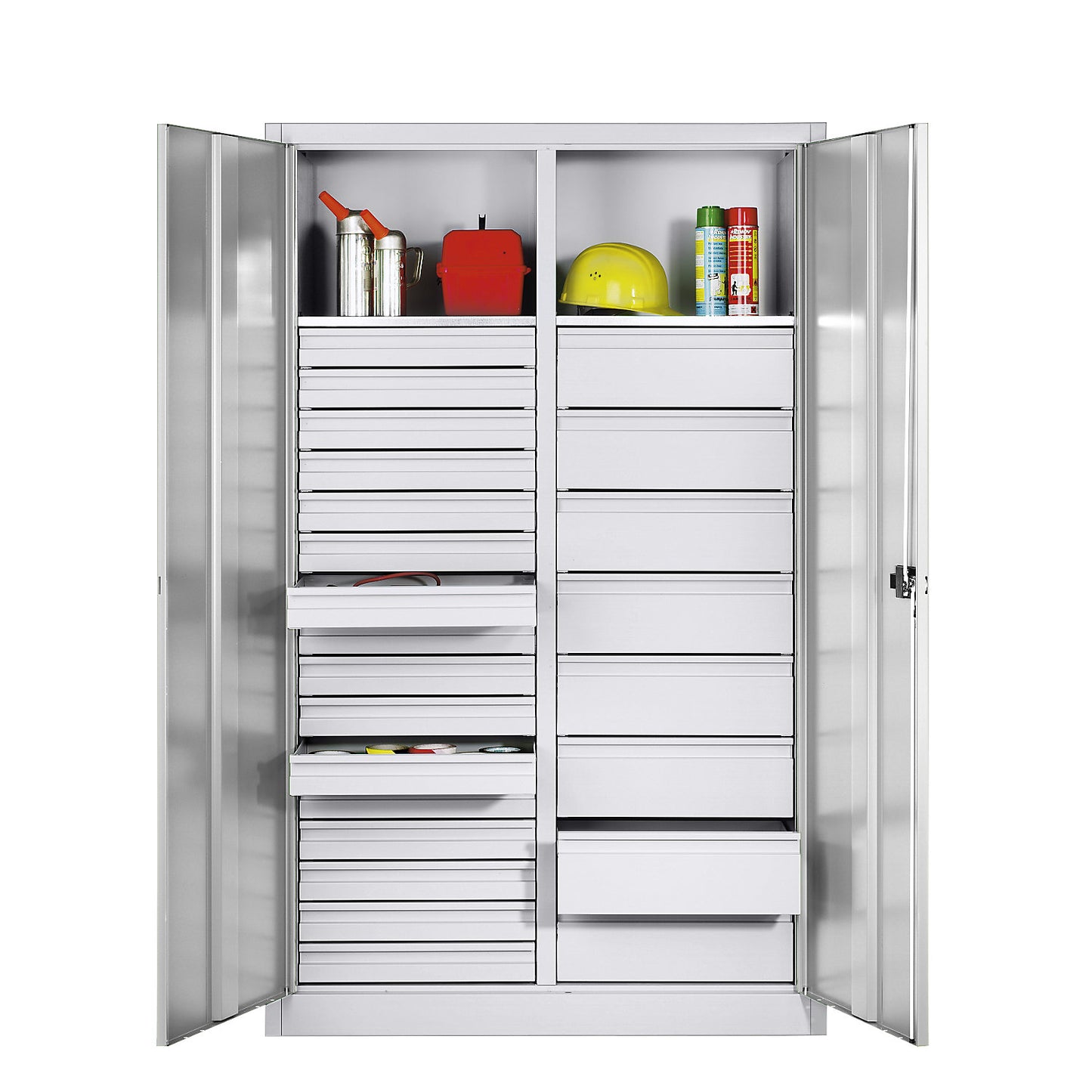 Storage cupboard made of sheet steel, 2 shelves, 24 drawers, HxWxD 1950 x 1200 x 500 mm, light grey.