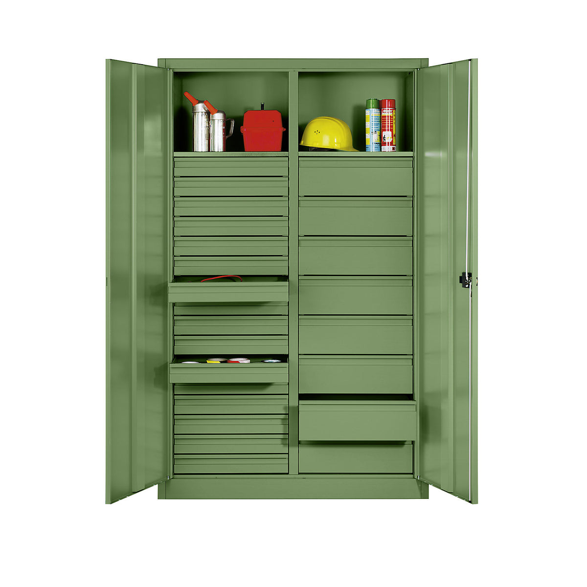 Storage cupboard made of sheet steel, 2 shelves, 24 drawers, HxWxD 1950 x 1200 x 500 mm, reseda green.