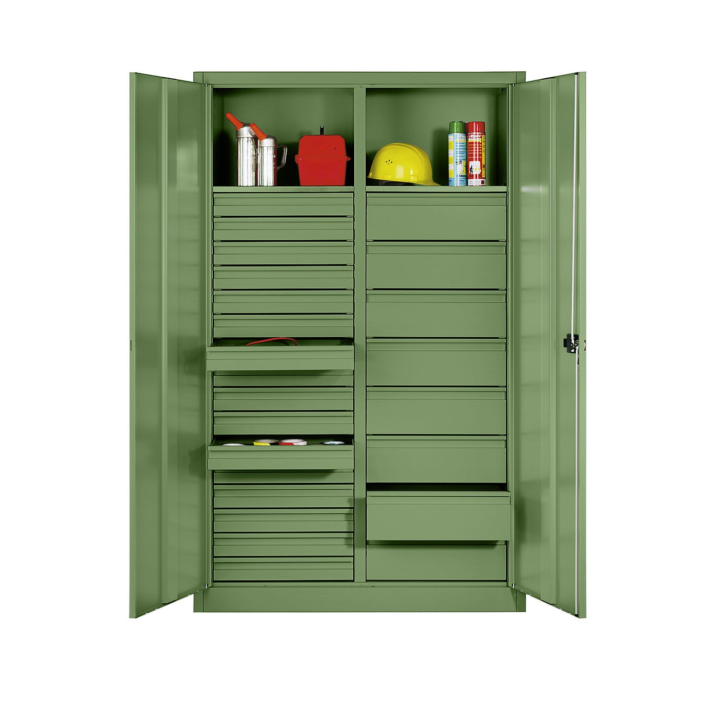 Storage cupboard made of sheet steel, 2 shelves, 24 drawers, HxWxD 1950 x 1200 x 500 mm, reseda green.