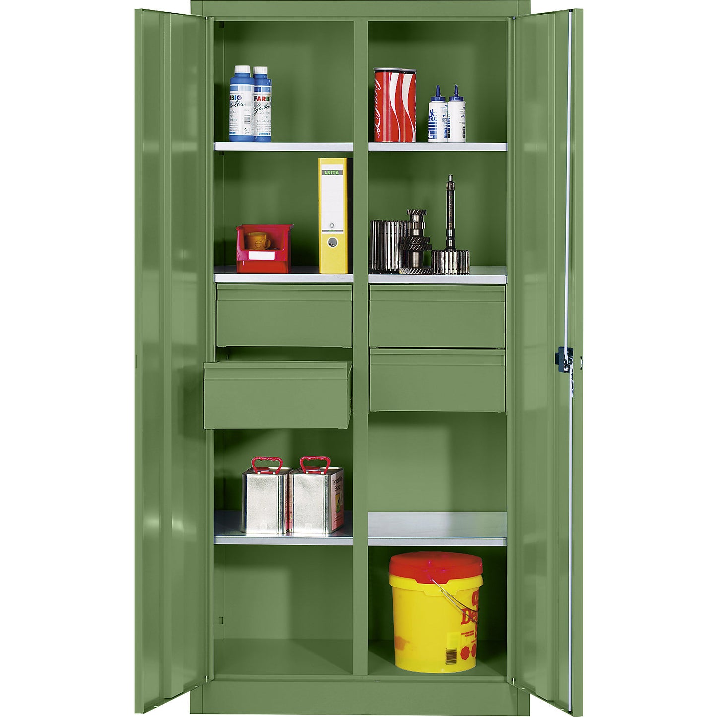 Storage cupboard made of sheet steel, 6 shelves, 4 drawers, HxWxD 1950 x 930 x 500 mm, reseda green.