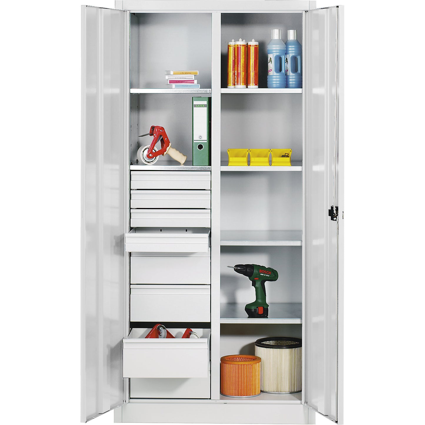 Storage cupboard made of sheet steel, 6 shelves, 8 drawers, HxWxD 1950 x 930 x 500 mm, light grey.